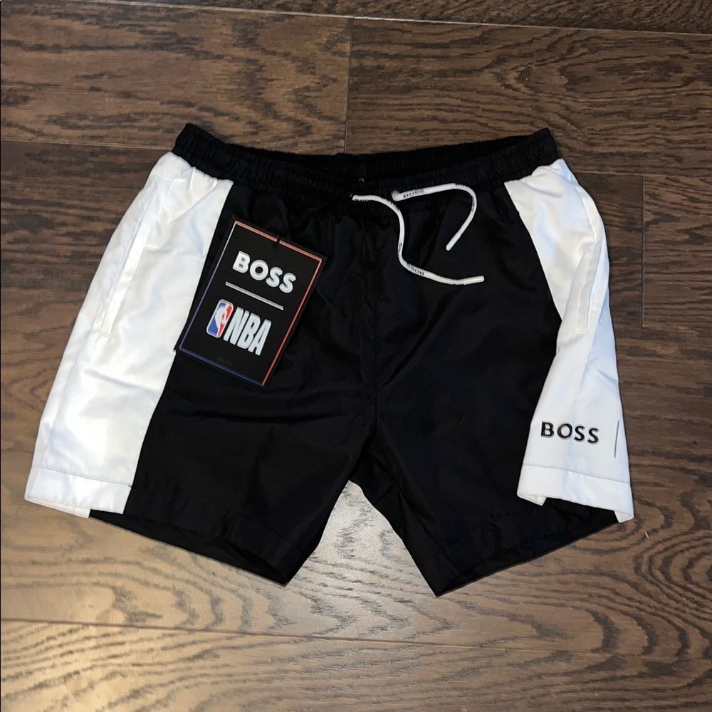 New w/tags Black Hugo Boss NBA Lined 3 Pocket Drawstring Swim Shorts Trunks L